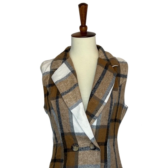 Double Breasted Brown Plaid Vest Button Down Mini Dress - Picture 7 of 16